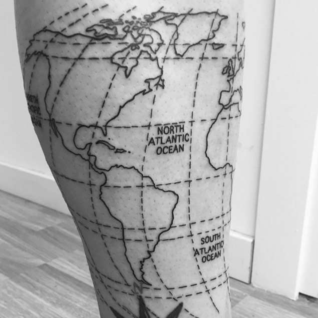 Detailed longitude and latitude lines tattoo design.