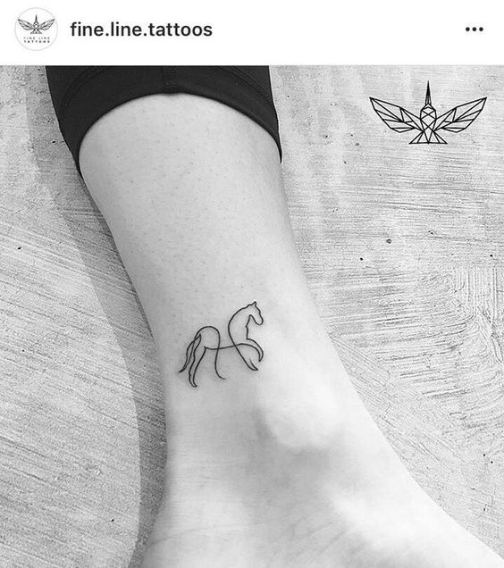 Fineline little horse tattoo on ankle.