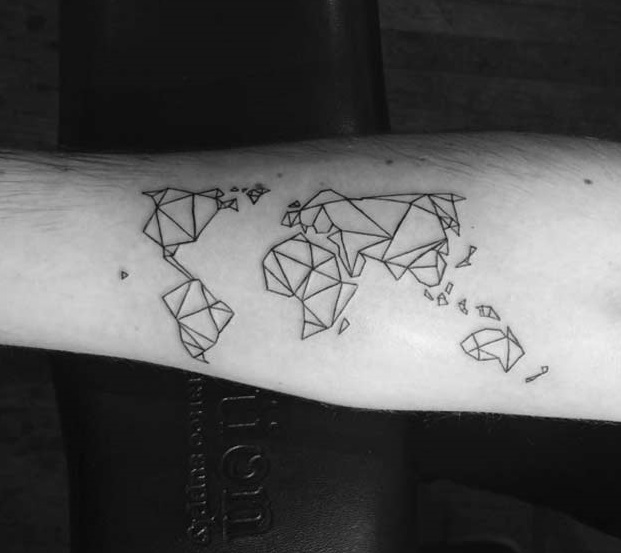 Geometric world map tattoo.