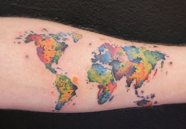 Glamorous rainbow world map tattoo design.