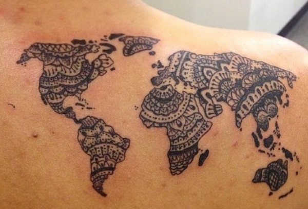 Heena inspired world map tattoo design is perfect for back.