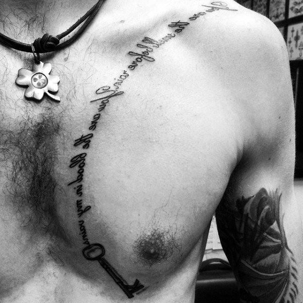 Key with quote inked on chest.