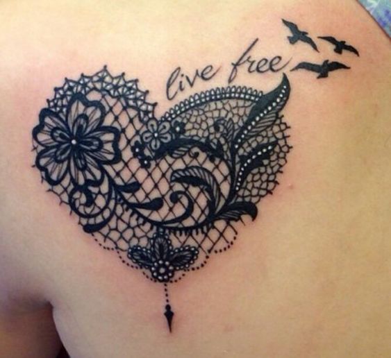 Lace heart bird tattoo design.