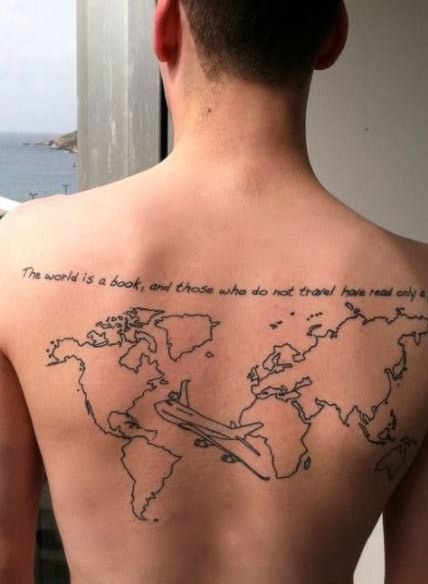 Map tattoo with quote look amazing on back.