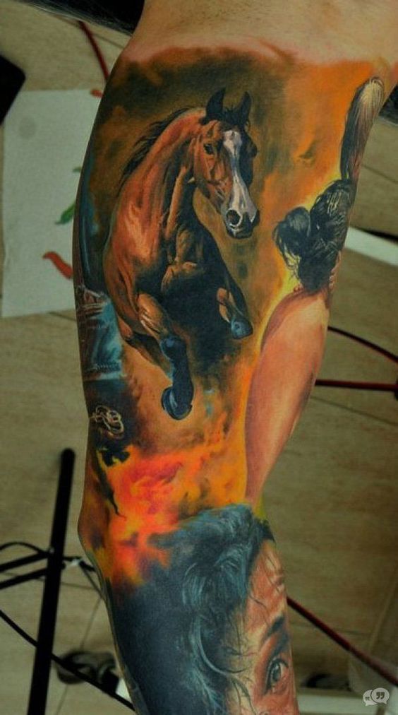 One cool idea would be to show the tattoo of a running horse on your body.