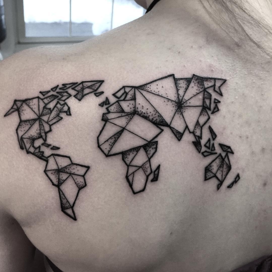 Origami line work and dot work world map tattoo for back shoulder.