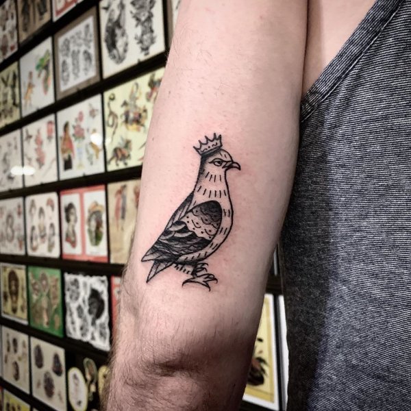 Pigeon having crown tattoo on arm.