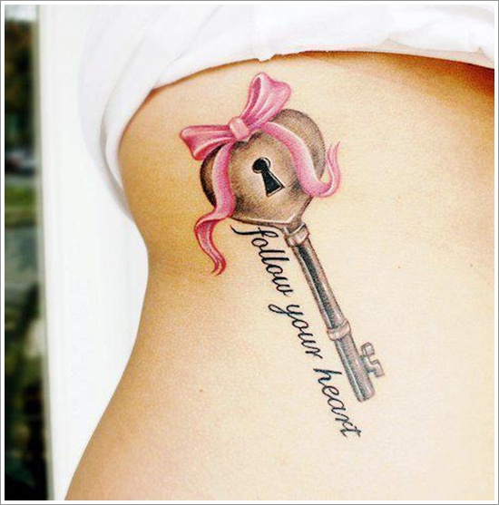 Romantic couple tattoo. One has lock and the other have key to show the commitment of each other.