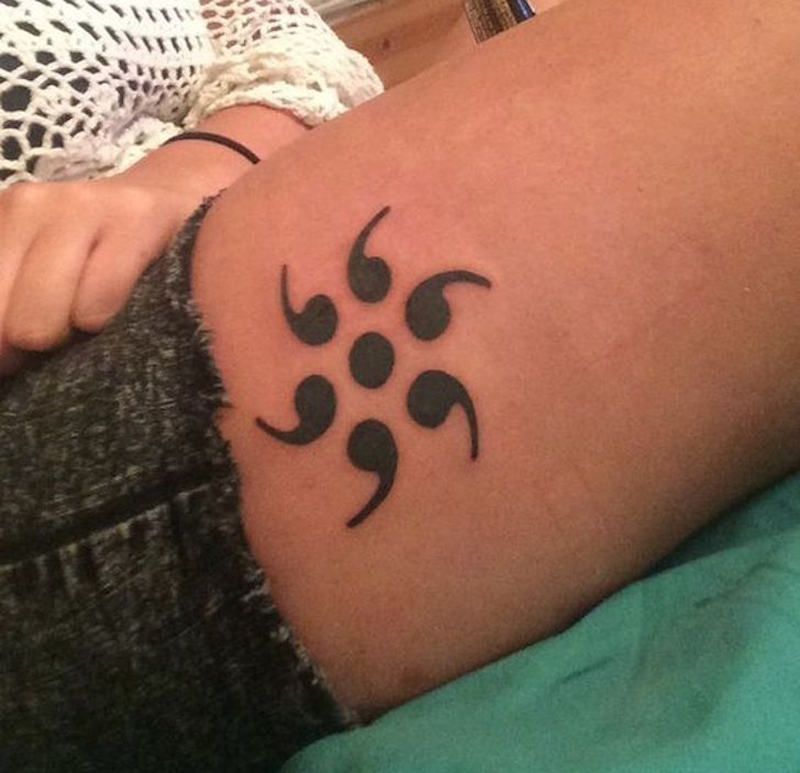 This forms a series of semicolons into an abstract flower on thigh. Semi Colon Tattoo Designs