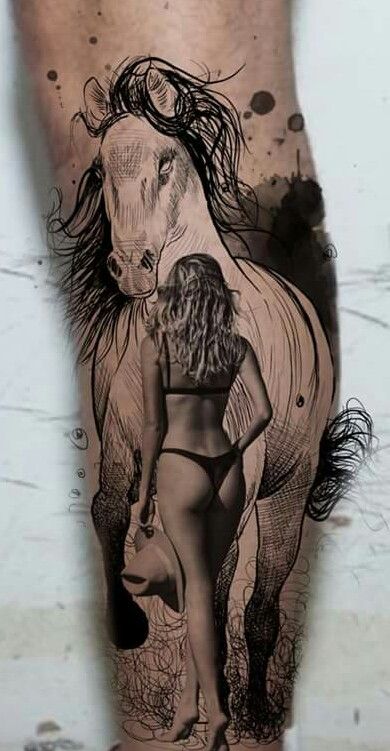 This is geometric horse tattoo with girl.