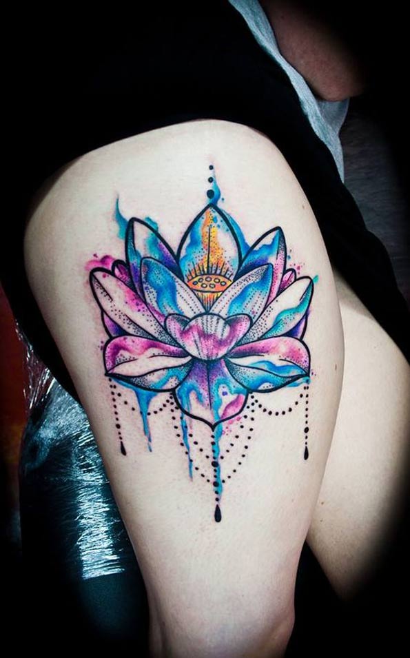 Watercolor lotus flower with dangling beads.