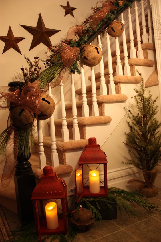 Big jingle bell staircase garland decoration.