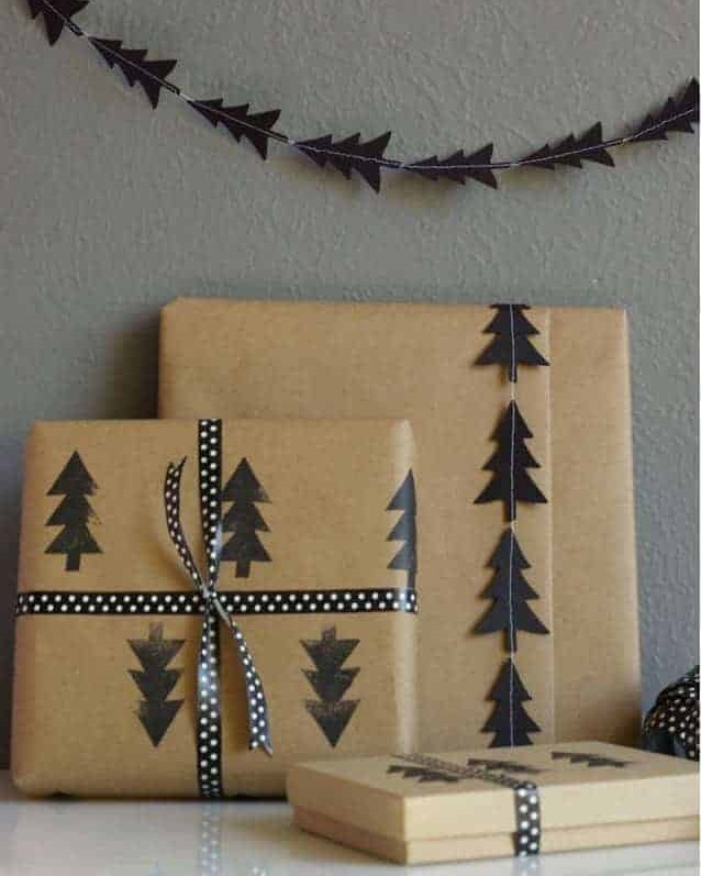 Black tree stamped wrapping paper.