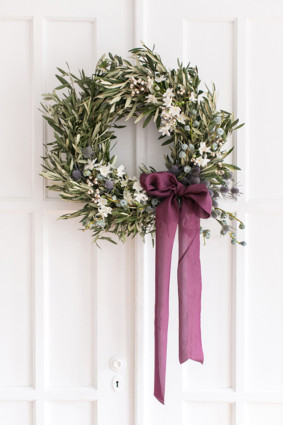 Blue & white olive wreath for front door.