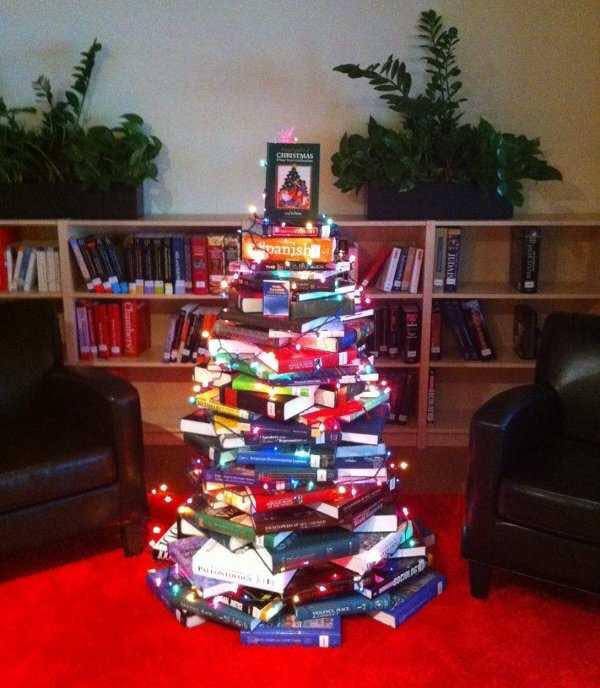 Books used as Christmas tree.
