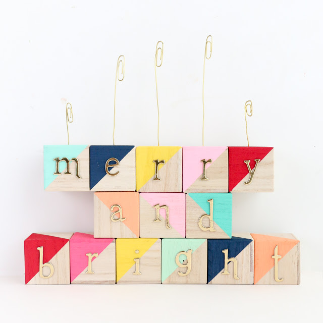 Colored block wood Christmas card holder.
