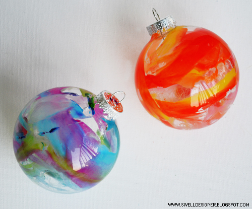 Crayon melt glass ball ornaments.