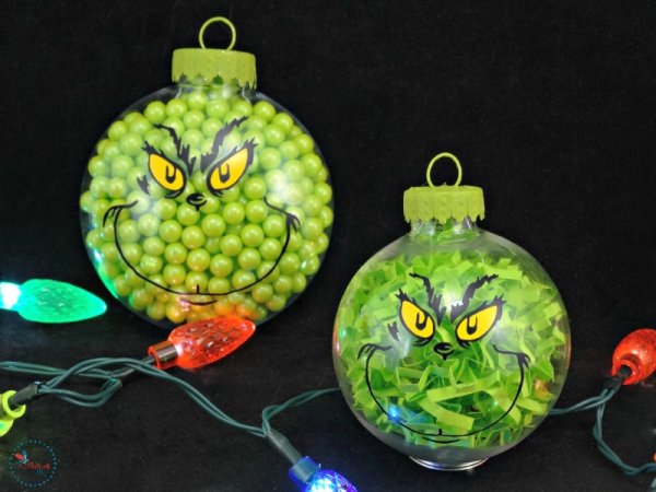 DIY grinch ornaments for Christmas tree decor.