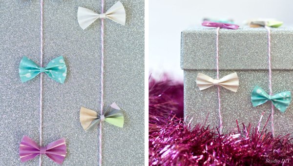 Duct tape bow garland for wrapping gifts.