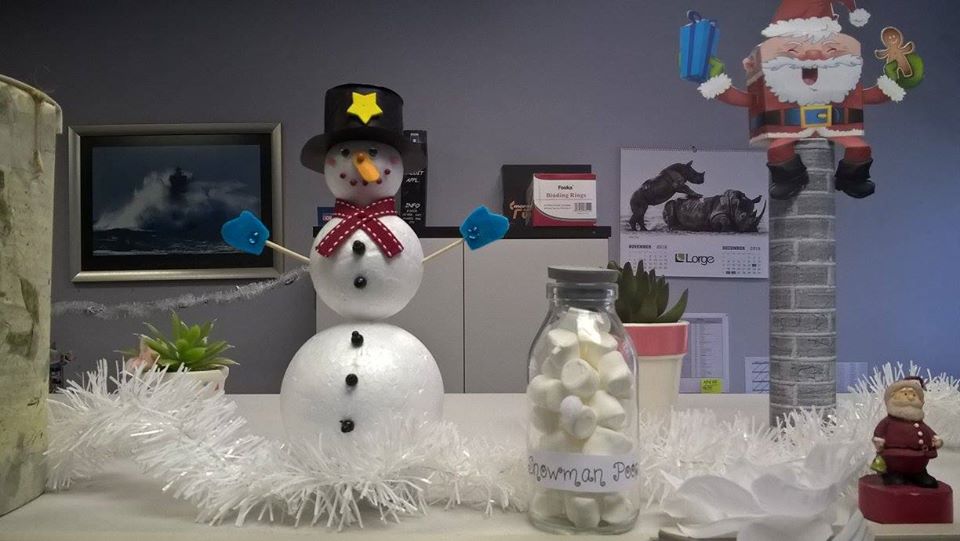 Easy office decor with snowman and santa.