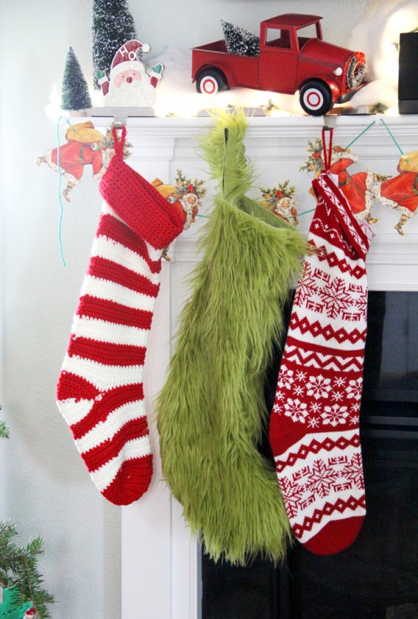 Fabulous furry grinch stocking for mentel decor at Christmas.