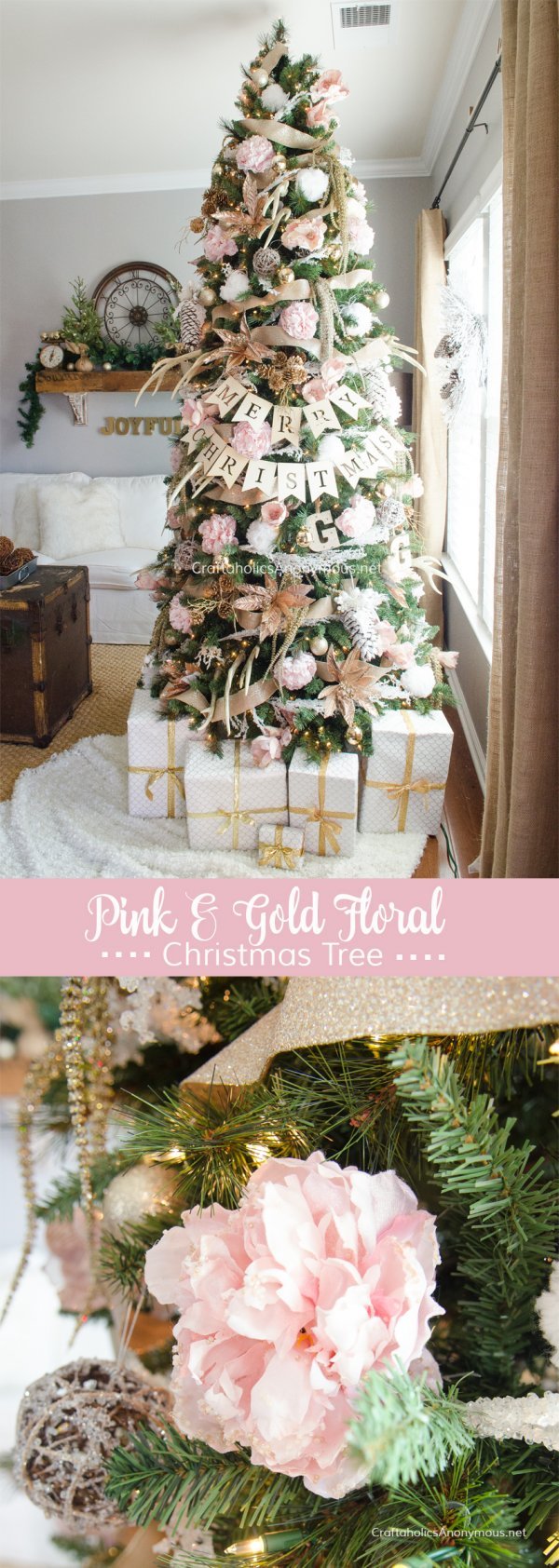 Floral pink and gold Christmas tree.