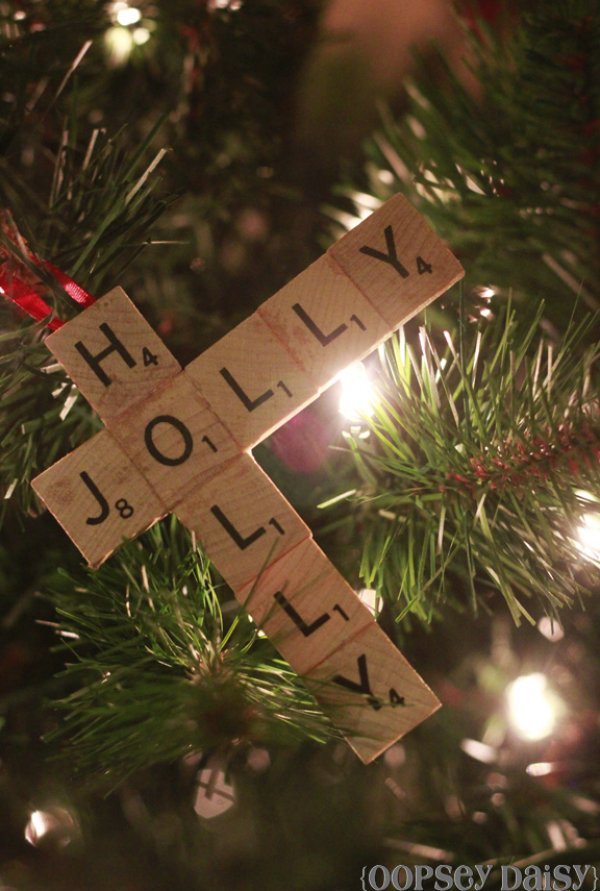 Holly jolly scrabble tile ornament.