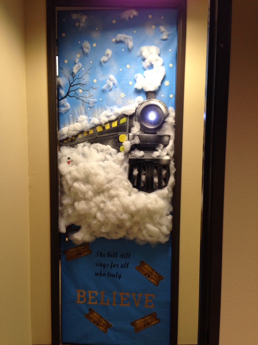 Office door is decorated as polar express.