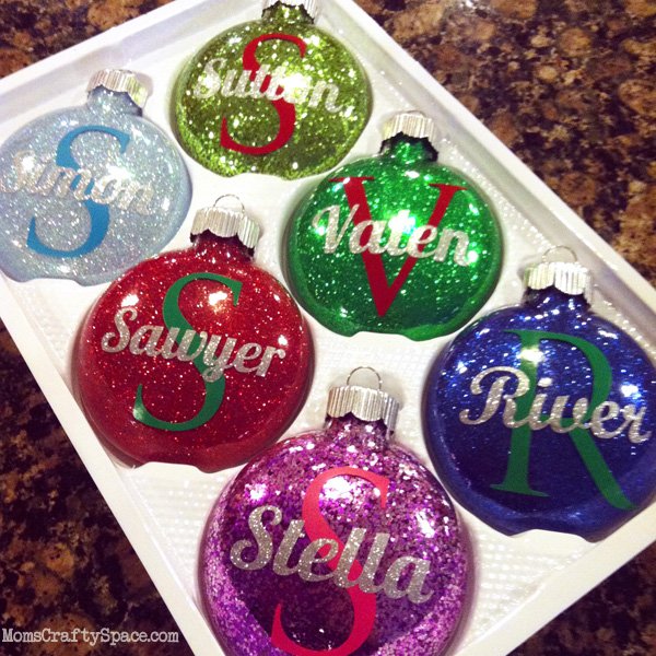 Personalized glitter ornaments.