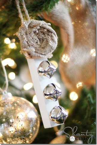 Pretty wooden and burlap jingle bell ornaments.
