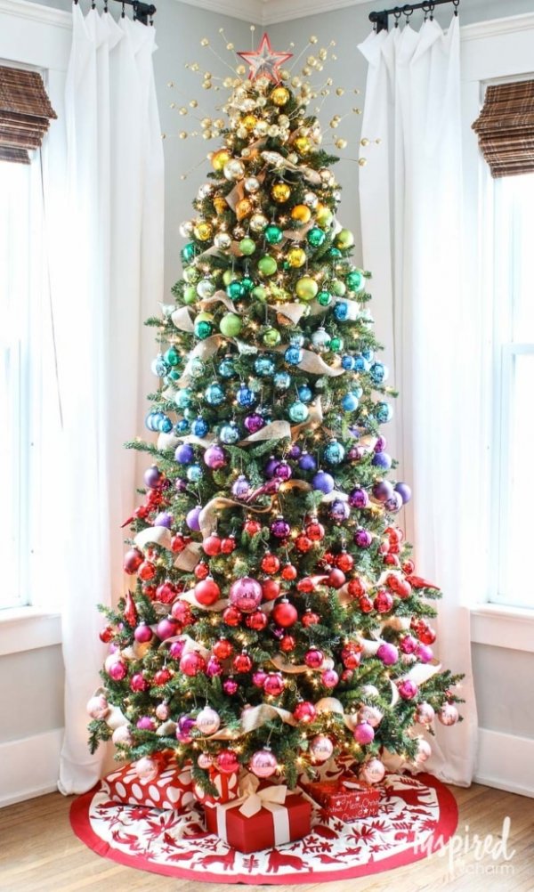 Rainbow balls decorated on Christmas tree.