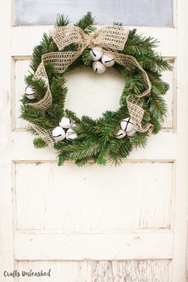 Rustic jingle bell Christmas wreath.