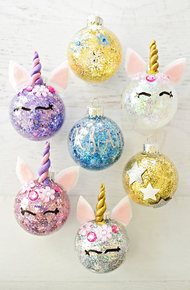 Sequin unicorn glass ball ornaments.