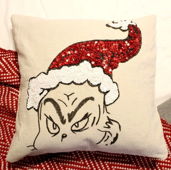 Sequins Grinch pillow for home decor at Christmas.