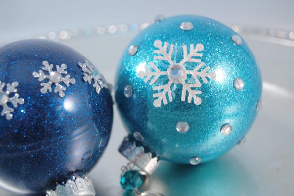 Turquoise glitter glass ornament embellish with snowflakes.