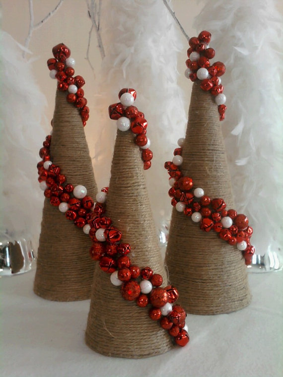 White beads and red jingle bells mini cone trees.