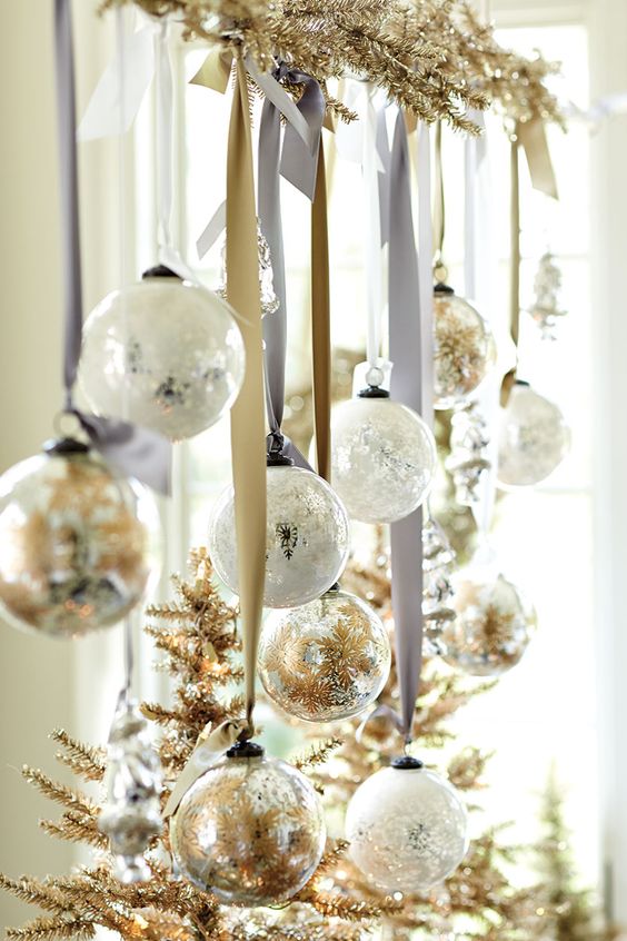 Adorable hanging silver and golden bulbs.