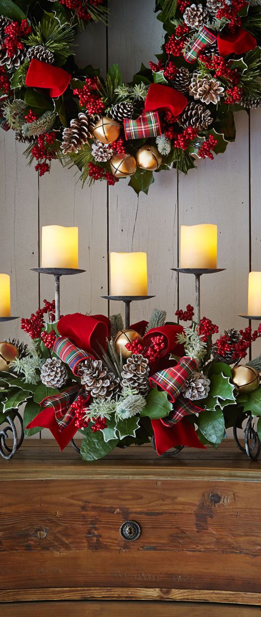 An antique candle decor is decorated with plaids, greens, and pine cones.
