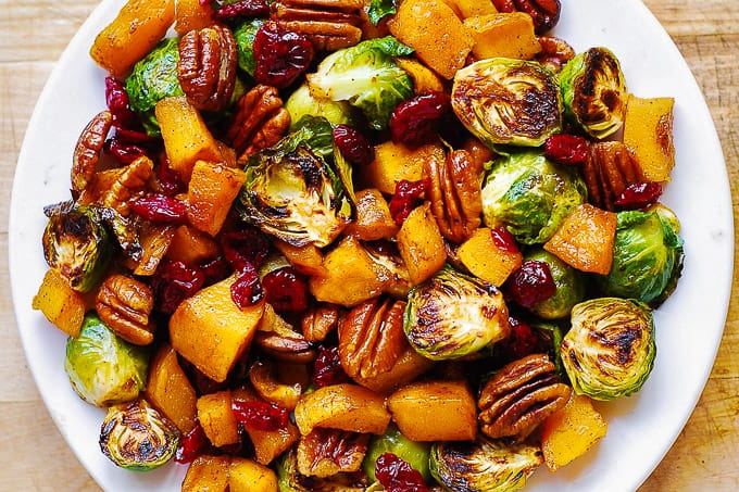 Brussels sprouts and Butternut Squash with Pecans and Cranberries.