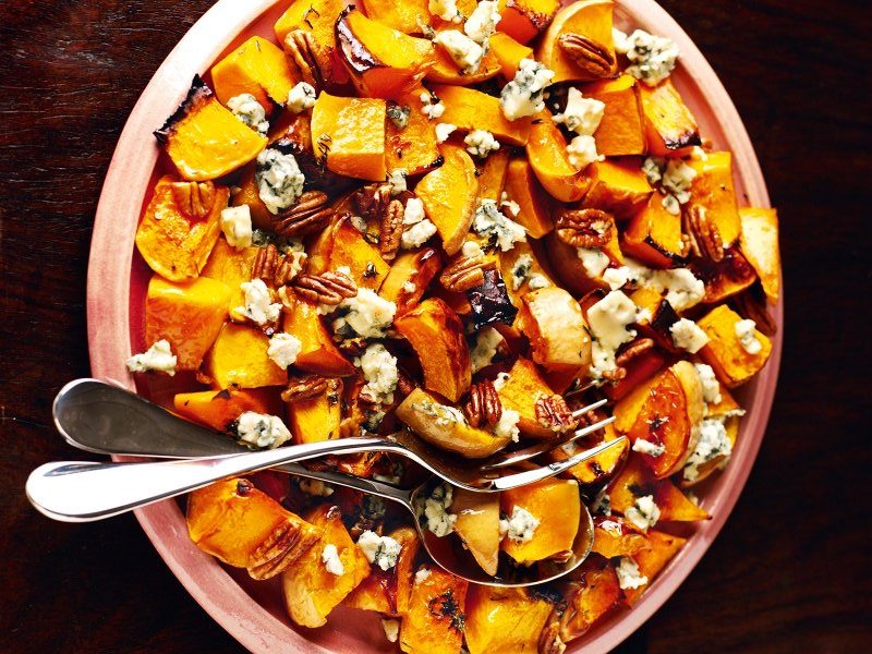 Butternut squash with pecans and blue cheese.