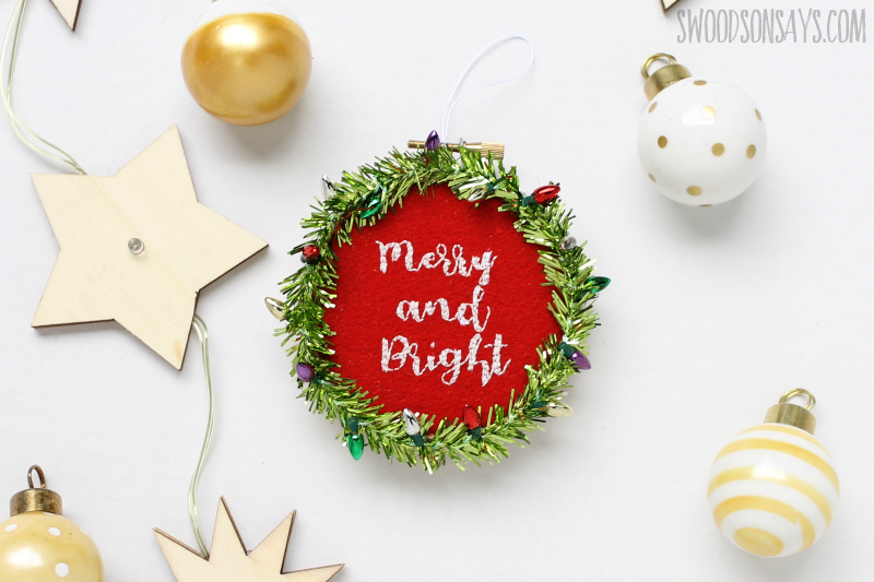 Charming diy embroidered hoop merry and bright ornament.