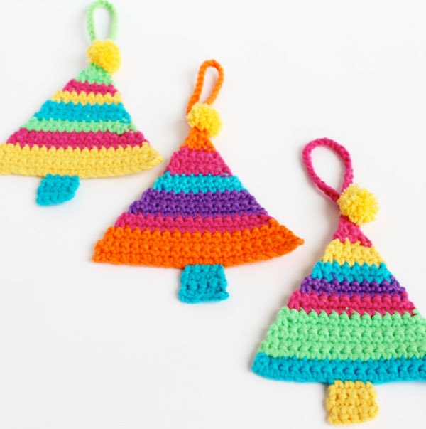 Colored crochet Christmas tree ornaments.