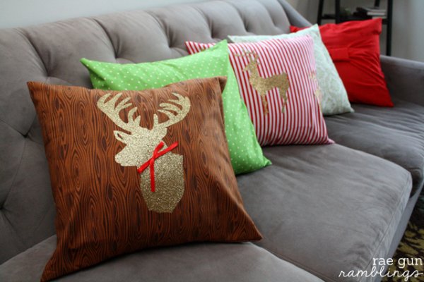 Cute Christmas pillows with glitter reindeer.