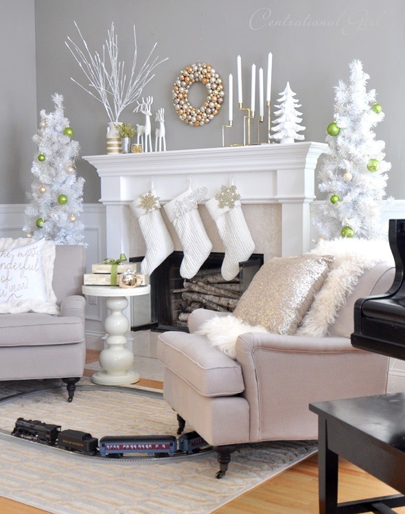 Dazzling white theme living room decor with metal touch.