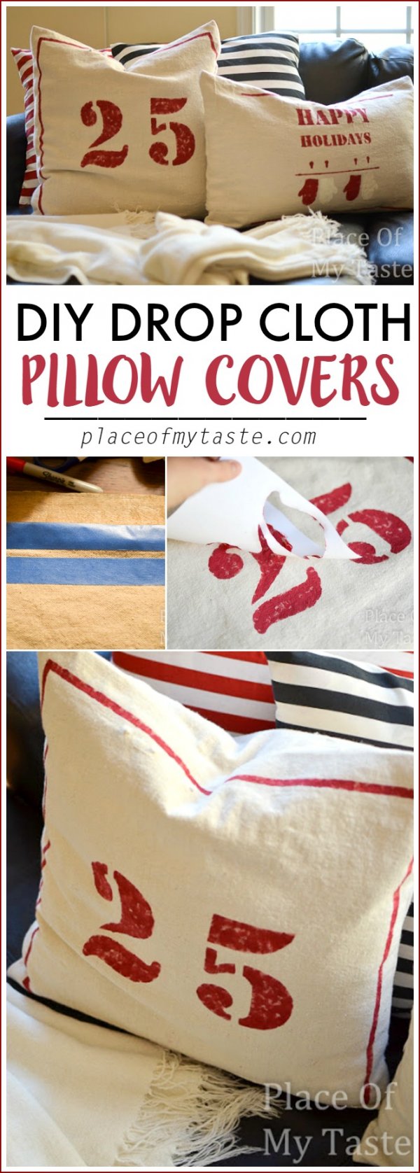 Drop cloth Christmas pillows are easy to make.