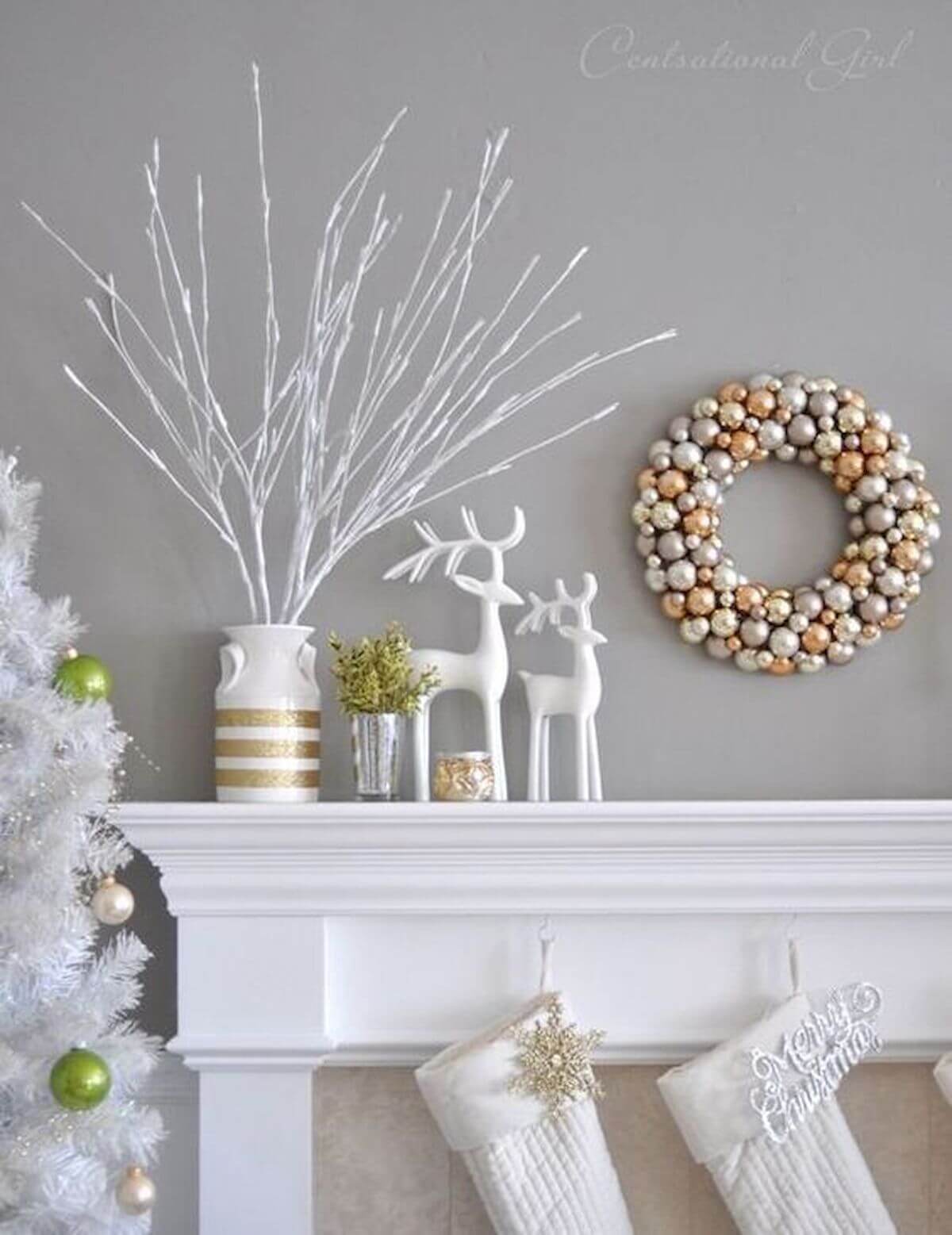 Elegant old and silver mantel decoration for Christmas.