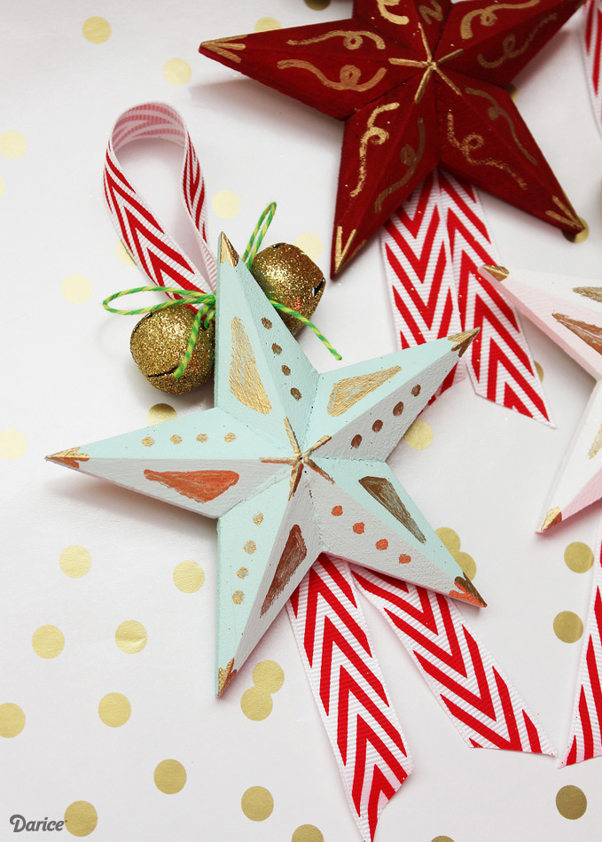 Embellish wooden stars with ribbon & jingle bell.