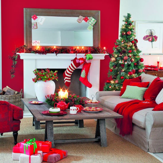 Eye catching red & white living room decoration.