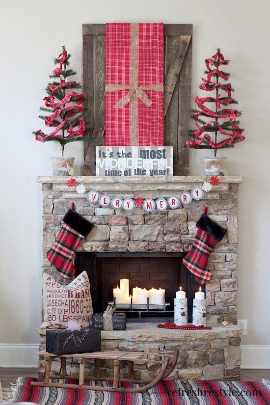 Fantastic combination of rustic and plaid at mantel.