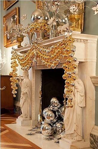 Fantastic gold and silver Christmas balls for mantel decor.